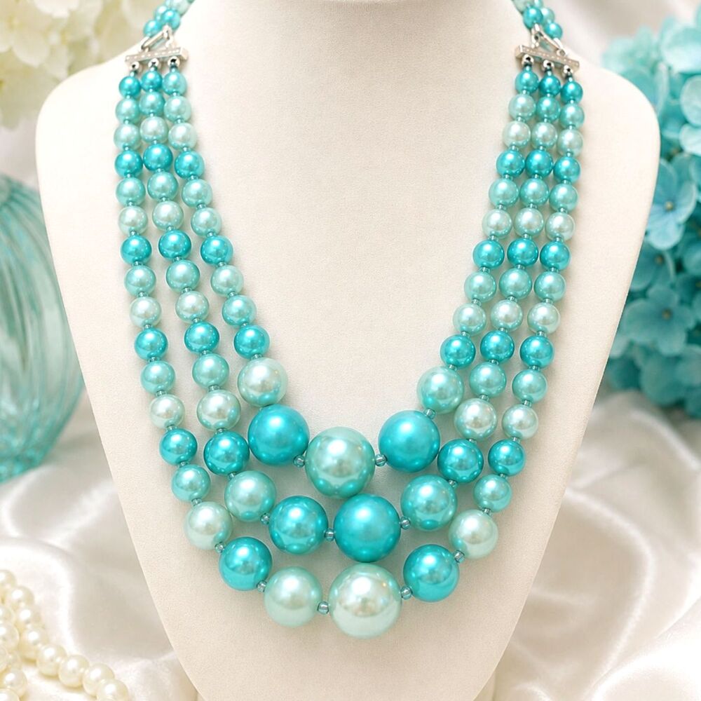 Vintage Japan Aqua Blue 3 Strand Graduated Beaded Necklace Mid Century MCM